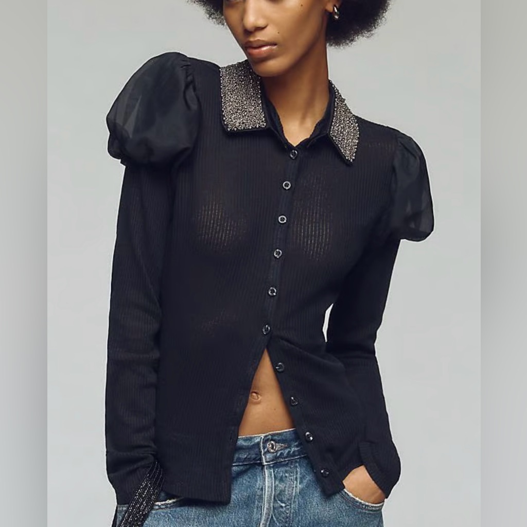 Anthropologie Maeve Puff Sleeve Button-Down Black Blouse Medium Nwt